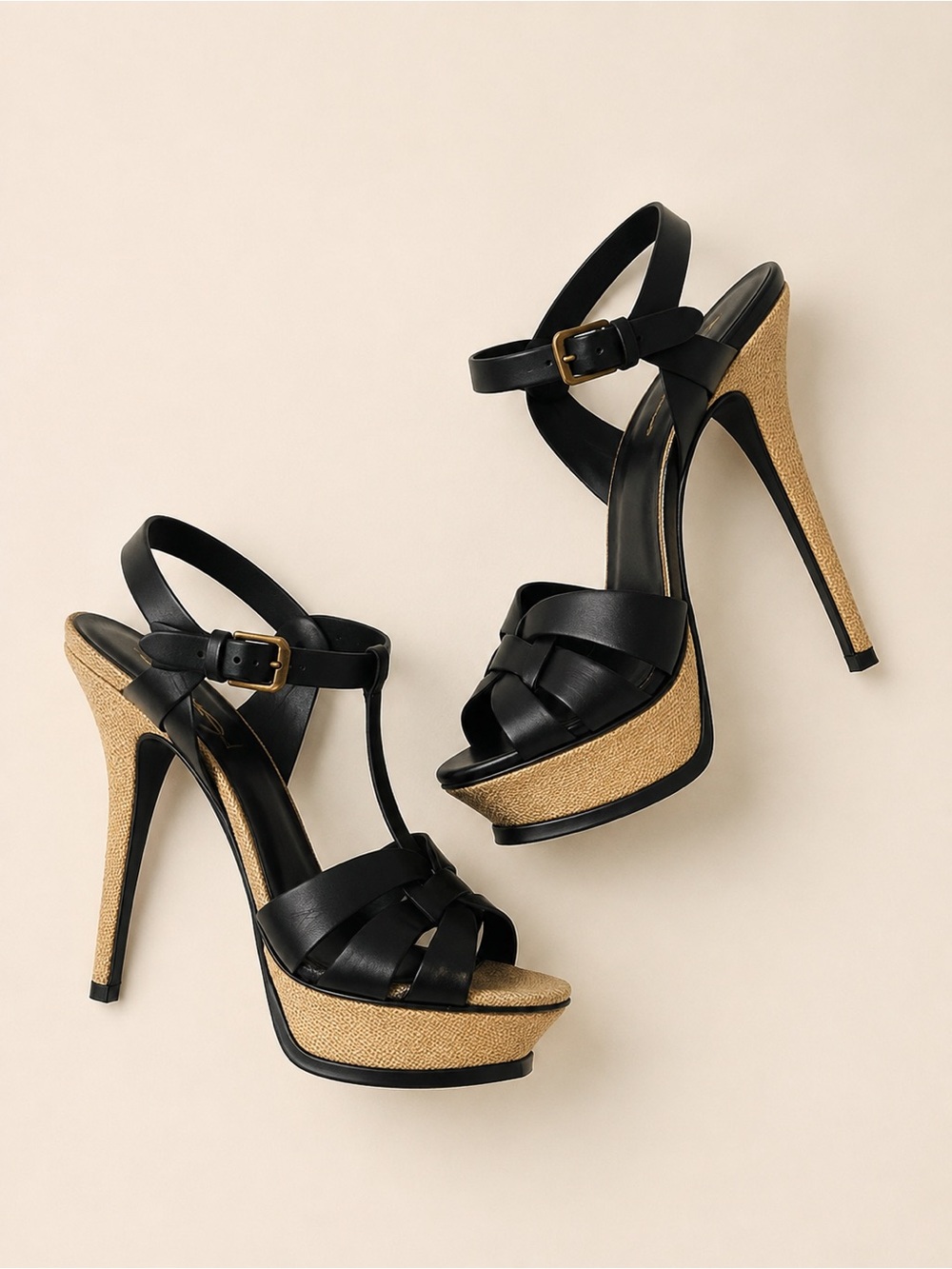 Saint Laurent YSL Tribute Black Raffia Platforms Boho Luxe Resort Glam 39.5